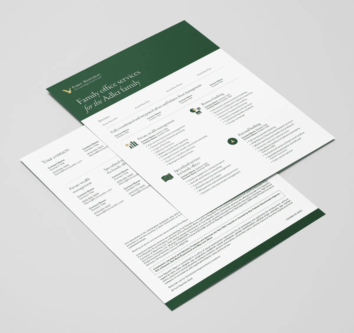 A printed one-sheet titled &ldquo;Family office services for the Adler family,&rdquo; with a dark green header band and gold accents.