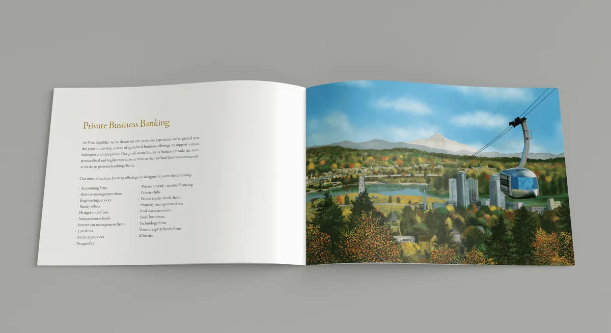 A spread with a full-color illustration of Portland, with the aerial tram and Mount Hood behind.