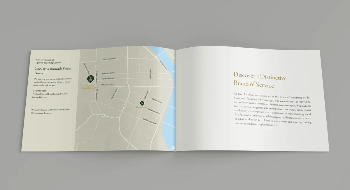 A spread with a map of downtown Portland marking the new office, facing &ldquo;Discover a distinctive brand of service.&rdquo;
