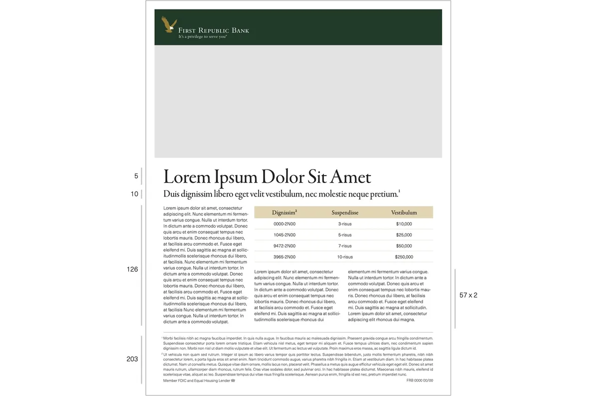 An annotated one-sheet template with header, title, rate table and body text areas marked.