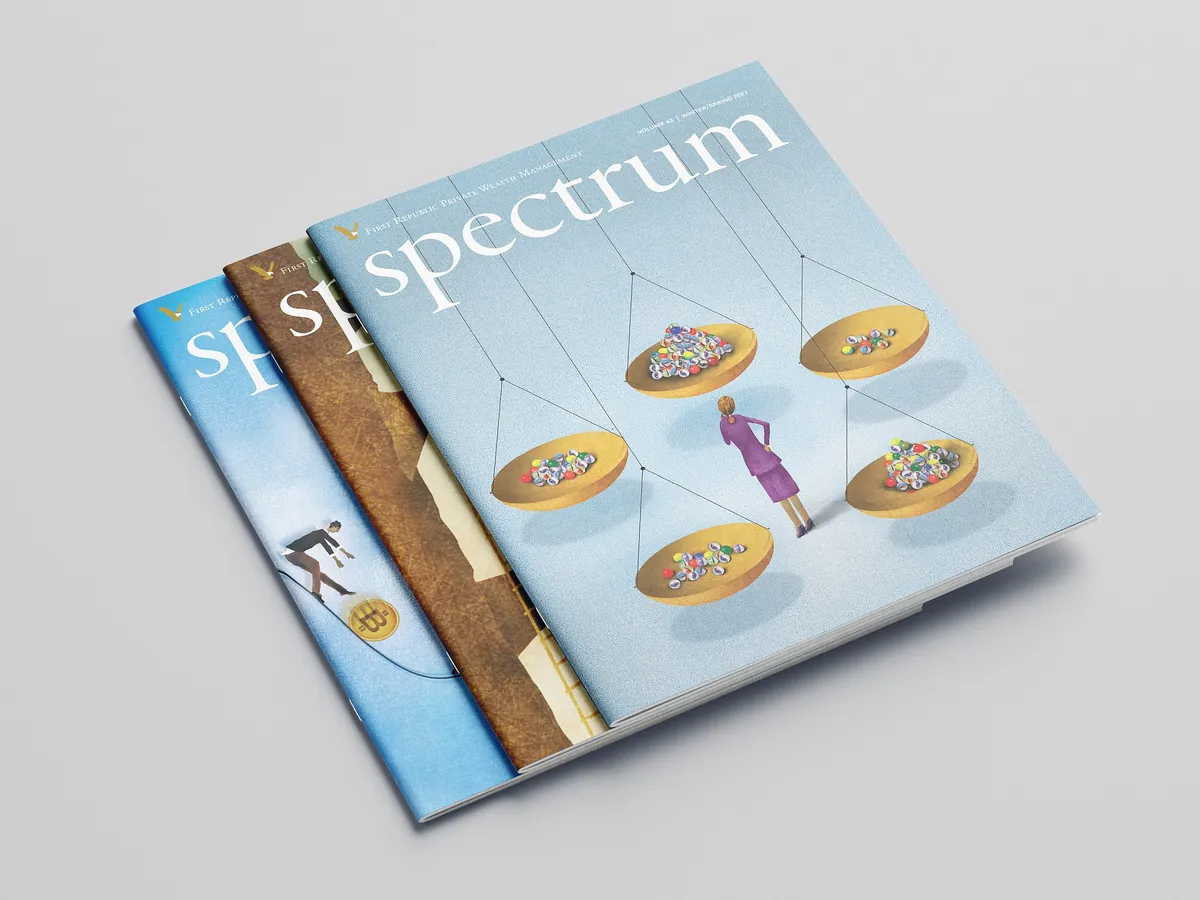 Three fanned covers of Spectrum, the wealth management magazine, each with a conceptual illustration.