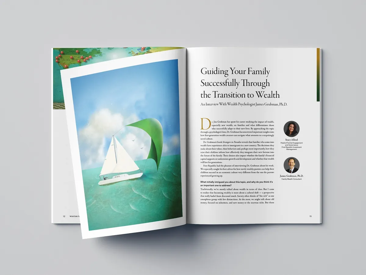 An open Spectrum spread: an illustration of a sailboat facing an article titled &ldquo;Guiding Your Family Successfully Through the Transition to Wealth.&rdquo;