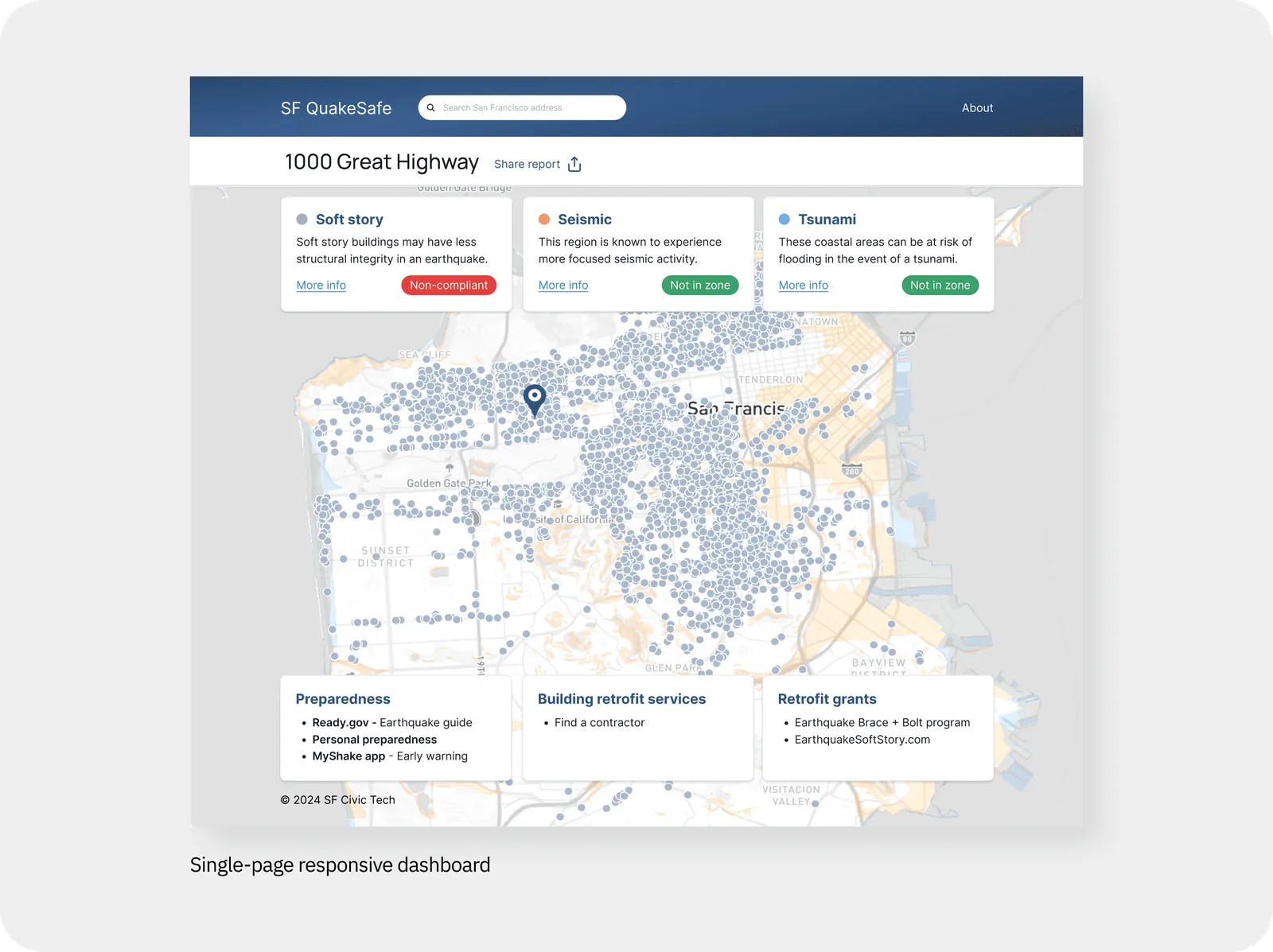 The single-page responsive dashboard: an address at the top, three hazard cards for soft story, seismic and tsunami risk, a map of San Francisco, and cards for preparedness, retrofit services and retrofit grants.