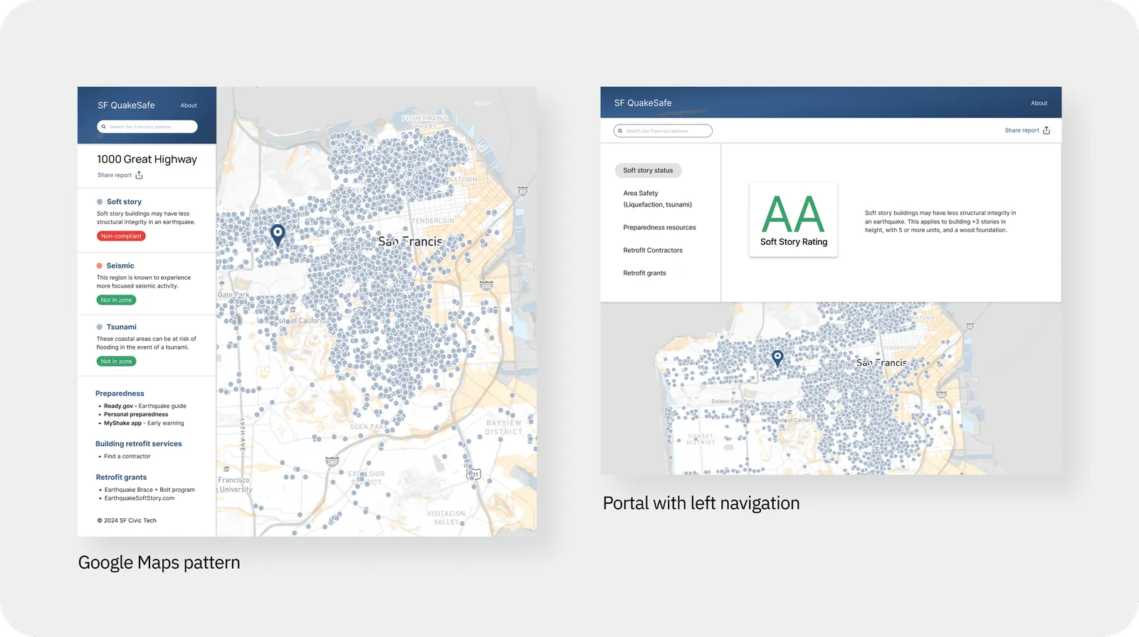 Two early layouts: a Google Maps pattern with a map and a scrollable side panel of hazard details, and a portal with left navigation giving each data type its own page.