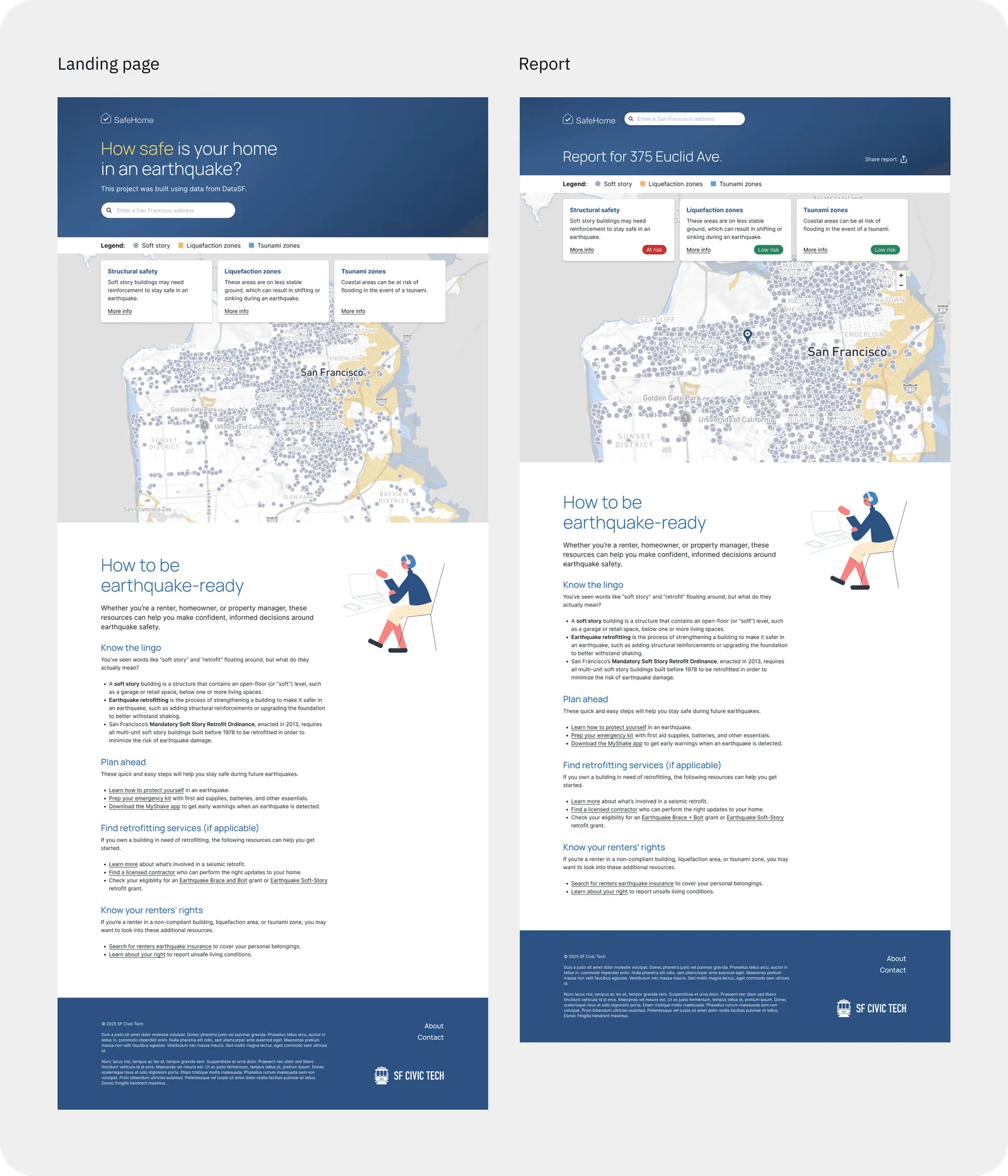 Final SafeHome designs. The landing page asks &ldquo;How safe is your home in an earthquake?&rdquo; with a map legend for soft story, liquefaction zones and tsunami zones. The report page for 375 Euclid Ave. shows risk badges. Both end with a &ldquo;How to be earthquake-ready&rdquo; section covering the lingo, planning ahead, retrofitting services and renters&rsquo; rights.