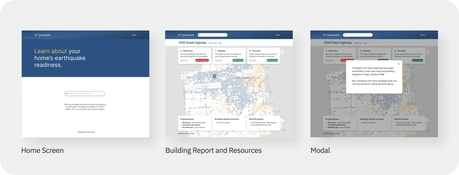 Wireframes of the three screen modes side by side: the home screen with address search, the building report and resources dashboard, and a modal over the dashboard.