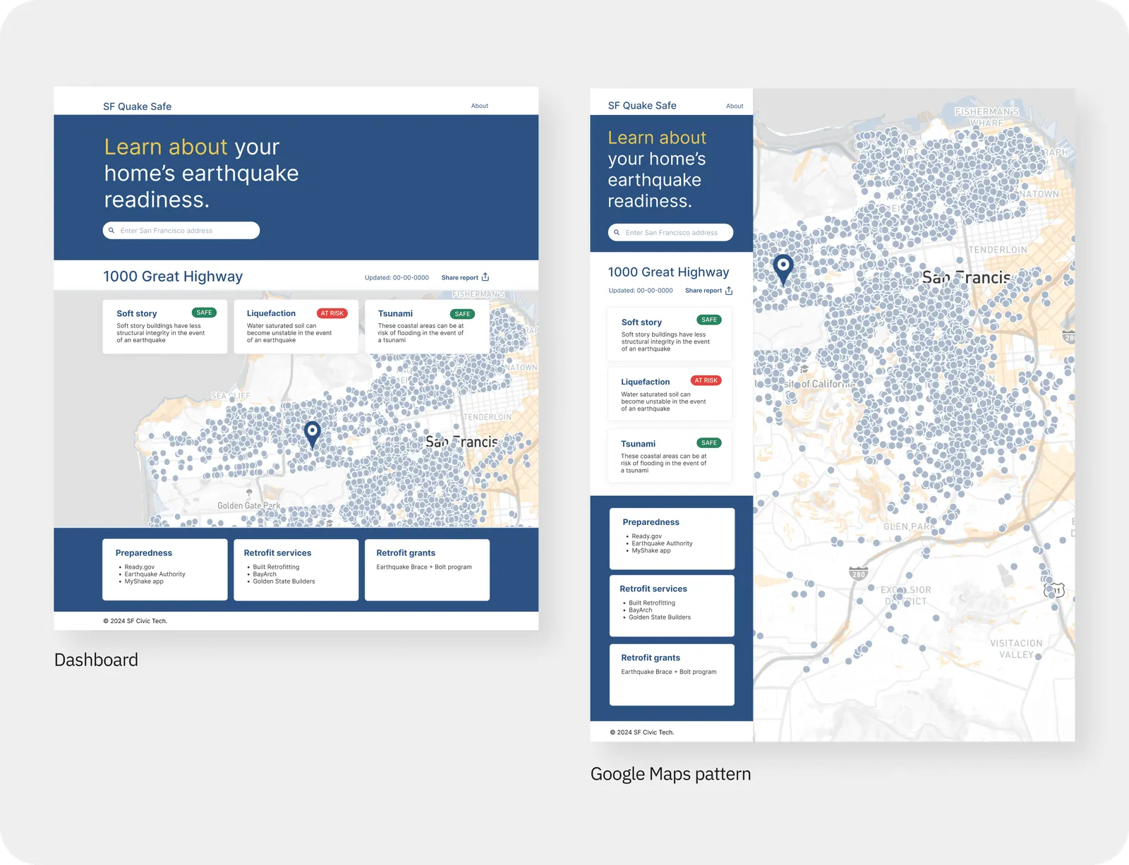 The A/B test designs: the dashboard layout with a &ldquo;Learn about your home&rsquo;s earthquake readiness&rdquo; header and browsable map, next to a Google Maps pattern version with the hazard cards stacked in a side panel.